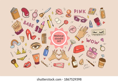 A big set of cosmetic beauty products. Cute colored makeup elements. Mascara, lipstick, cream, perfume, manicure. Facial care. Doodle style. Hand-drawn vector. For stickers, prints, social media