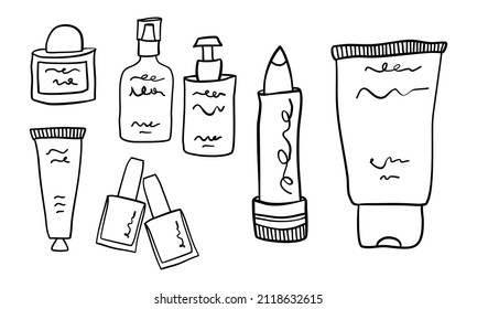 Big set of cosmetic items in minimalist hand drawn outline style. Cream dispenser, lipstick, lotion bottles, nail polish