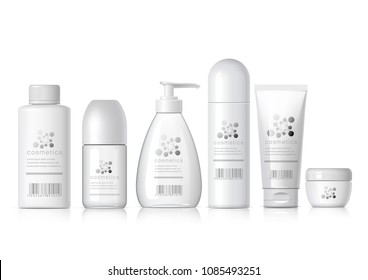 Big Set of cosmetic products on a white background. Cosmetic package collection for cream, soups, foams, shampoo, glue. Object, shadow, and reflection on separate layers. vector illustration.