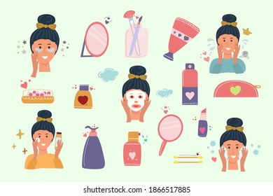 Big set of cosmetic and woman faces with skin care. Flat illustration.