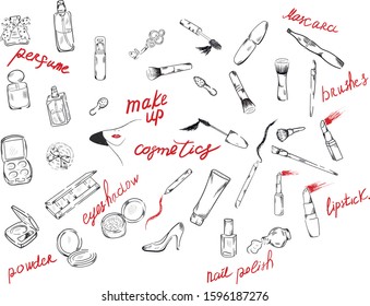Big set of cosmetics , fashion , beauty vector characters and lettering on white background . Perfume, make up, eyeshadow , nail polish. Concept for print , logo, cards 