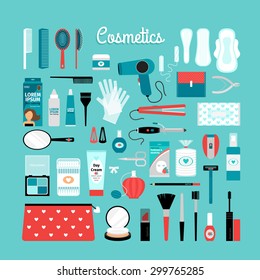 Big set of cosmetics and other essentials for a woman