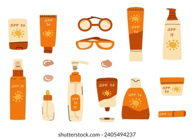 big set of cosmetics for sun protection with supplies - eyeglasses. . Vector illustration in flat style in orange colors. 