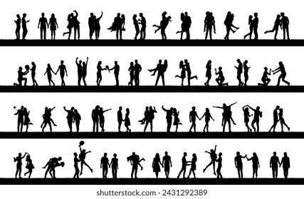 Big set of couple in different poses isolated on white background silhouettes large collection.	