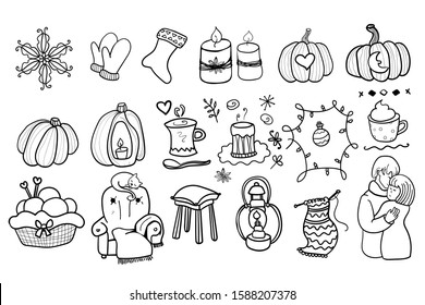 Big set Couple in love. House and home. Coloring page, Coloring book. Contour. Halloween or Thanksgiving. Christmas. Romance, comfort. Man and woman love each other. Cozy. Hygge - Vector illustration
