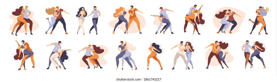 Big set. Couple man and woman dancing latin american dances. Latino, bachata, kizobma. Poses for dancing are depicted in a stylish picture in modern colors.