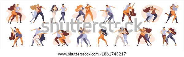 Big set. Couple man and woman\
dancing latin american dances. Latino, bachata, kizobma. Poses for\
dancing are depicted in a stylish picture in modern\
colors.