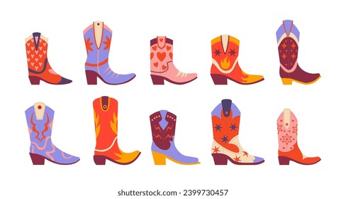 Big set cowboy boots with patterns. Wild west, western stickers, cowboy shoes. Vector bright groovy retro hippie set