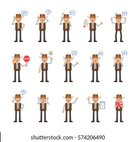 Big set of cowboy characters showing different actions, gestures, emotions. Cheerful cowboy talking on phone, holding stop sign, reading a book and doing other actions. Simple vector illustration