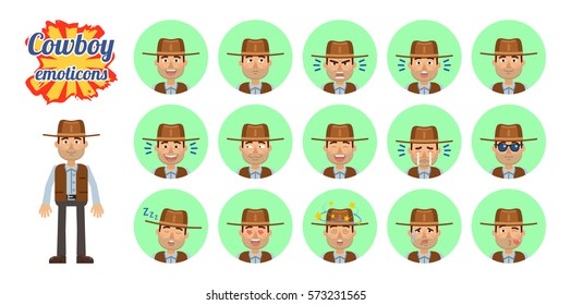 Big set of cowboy emoticons. Cowboy emojis showing different facial expressions. Happy, sad, smile, laugh, surprised, serious, angry, sleepy, dizzy and other emotions. Simple vector illustration