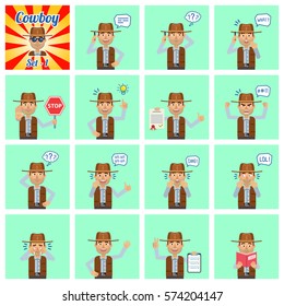 Big set of cowboy emoticons showing different actions, gestures, emotions. Cheerful cowboy talking on phone, holding stop sign, reading a book and doing other actions. Simple vector illustration