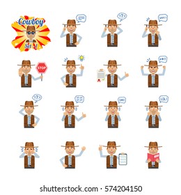 Big set of cowboy emoticons showing different actions, gestures, emotions. Cheerful cowboy talking on phone, holding stop sign, reading a book and doing other actions. Simple vector illustration