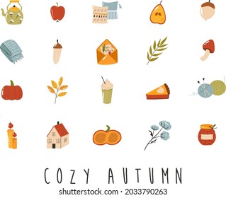 Big set of cozy autumn icons in flat style. Hygge vector collection on white background