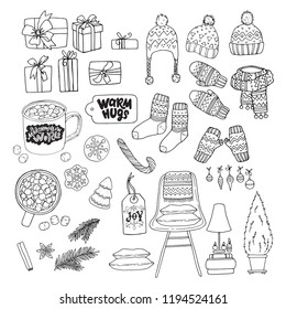 Big set of cozy Christmas essentials drawn in a sketch style. Line art handdrawn winter illustrations and lettering. Hats, scarves, gingerbread cookies, gifts and hot chocolate.