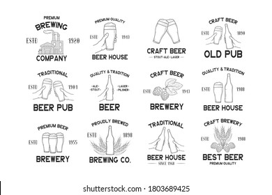Big set of craft beer labels, emblems and badges for brewery, beer house, company, pub. Vector illustration with vintage brand design.