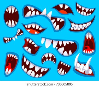 Big set with crazy monster's mouth isolated on the blue background. Cute, dangerous, funny and nice set for your creatures