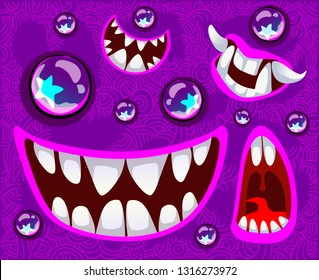 Big set with crazy violet monsters. Cute expressions for your design