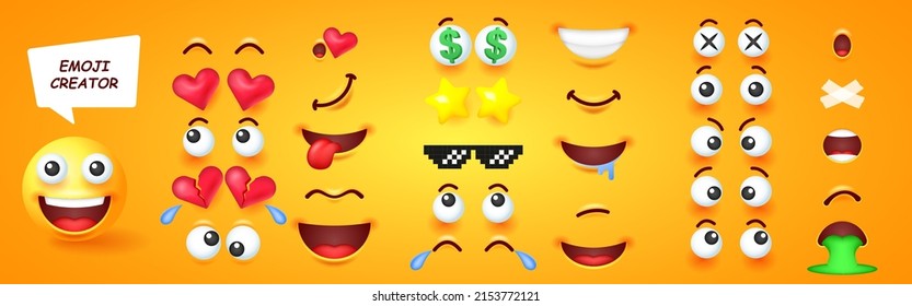 Big set for creating 3D emoji. A collection of editable elements to create different emoji facial expressions. Vector illustration.