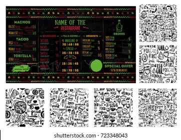 Big set for creation of food menu with coffe, fish, mexican kithcen, fondue, chinese, children cuisine with seamless patterns