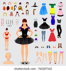 Big set for creation unique female character. Full body, legs, arms,face, eyes, eyebrows, hairstyle, lips, clothes, shoes, accessories isolated on white background. Vector illustration, clip art.