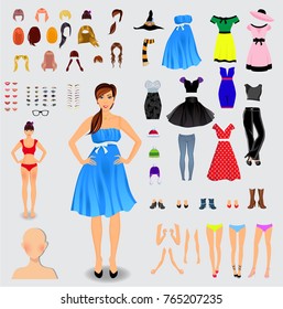 Big set for creation unique girl character. Full body, legs, arms,face, eyes, eyebrows, hairstyle, lips, clothes, shoes, accessories isolated on white background. Vector illustration, clip art.