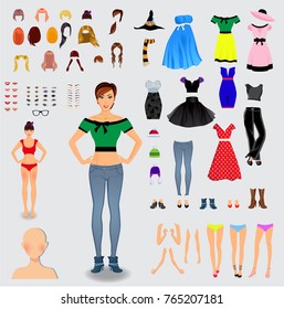 Big set for creation unique woman character. Full body, legs, arms,face, eyes, eyebrows, hairstyle, lips, clothes, shoes, accessories isolated on white background. Vector illustration, clip art.