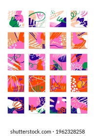 Big set of creative backgrounds with different shapes and textures. Collage for social media. Vector