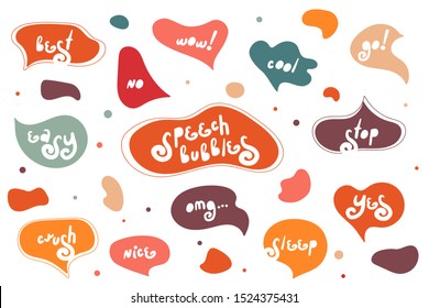 Big set of creative bright speech bubbles. Autumn style. Colorful doodle speech bubbles. Dialog windows with phrases: best, wow, yes, no, cool, go, stop, easy, crush, nice, omg, sleep