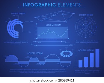 Big set of creative business infographic elements including statistical graphs and charts for financial data presentation on shiny blue background. 