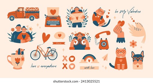 Big set of creative clip arts to Saint Valentine's Day. Cute cartoon persons, lovers, couple, woman and man, posing, hugging. Illustrations of typewriter, pickup with hearts, bicycle, dog, cat, mail.