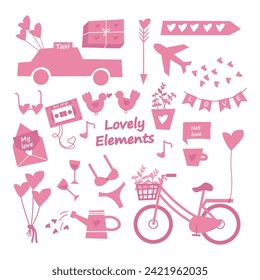 Big set of creative pink clip arts to Saint Valentine's Day. different hand drawn love flat icons collection isolated on white background. Bike, car, balloons, hearts, pigeons - for Valentine's Day