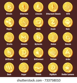 Gran juego de monedas con logo de moneda lisiana:  Lumens, Siacoin, Nem, IOTA, BitConnect, Gnosis, Bytecoin, Dash, Litecoin, Dogecoin, Augur, Monero, Nem, Ethereum, BitShares, Dash, Stratis, Ripple, Bitcoin