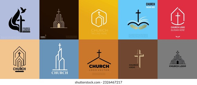 Maqueta o logotipo de diseño del logotipo de la Cruz Grande para la iglesia cristiana. Logo de la iglesia. Colección de símbolos cristianos. La cruz de Jesús, el fuego del Espíritu Santo y la paloma. Ilustración del vector