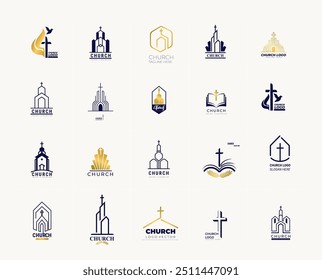 Big set Cross logo design template. Church religious christian logo design. Church Logo Design. Vector christian symbols. Cross on Top Tower Roof Building for Christian Church Community.