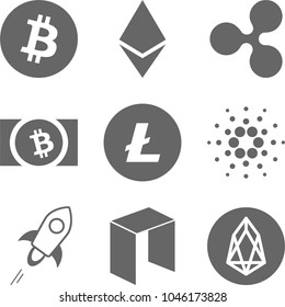 Big set of crypto currency logo: Bitcoin, Ethereum, Ripple, Bitcoin Cash, Litecoin, Cardano, Stellar, NEO, EOS