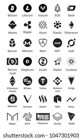 Big set of crypto currency logo coins Bitcoin, Nem, Dash, Litecoin, Monero, Ethereum, Dash Ripple and other Vector illustration