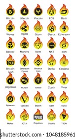 Big set of crypto currency logo coins Bitcoin, Nem, Dash, Litecoin, Monero, Ethereum, Dash Ripple and other Vector illustration