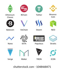 Big set of crypto currency logo coins Bitcoin, Nem, Dash, Litecoin, Monero, Ethereum, Dash Ripple and other Vector illustration