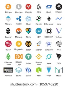 Big set of crypto currency logo coins Bitcoin, Nem, Dash, Litecoin, Monero, Ethereum, Dash Ripple and other Vector illustration