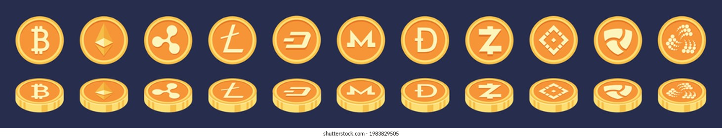 Big set of crypto currency logo coins. set, collection of crypto currency blockchain flat logo. crypto currency coin set collection.