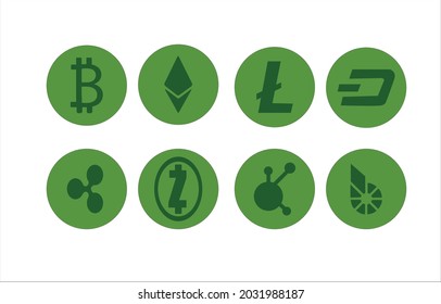 Big set of crypto currency logo coins: ,   Litecoin,  Ethereum, .BitShares, Dash, Ripple, Bitcoin and other