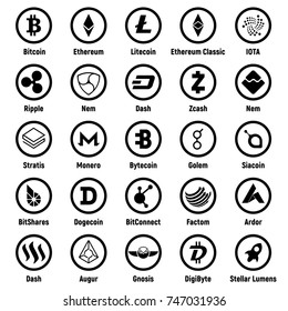 Big set of crypto currency logo coins: Lumens, Siacoin, Nem, IOTA, BitConnect, Gnosis, Bytecoin, Dash, Litecoin, Augur, Monero, Nem, Ethereum, BitShares, Dash, Stratis, Ripple, Bitcoin and other