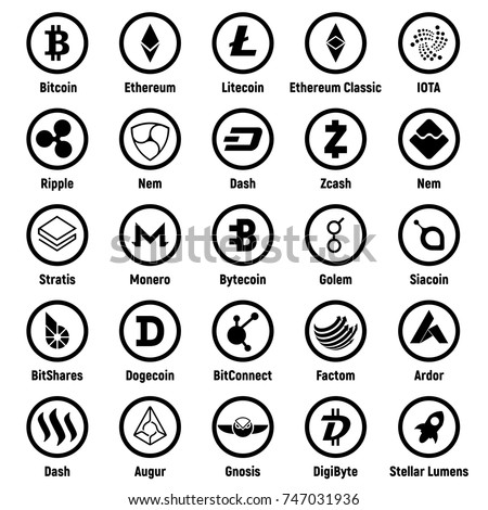 Big set of crypto currency logo coins: Lumens, Siacoin, Nem, IOTA, BitConnect, Gnosis, Bytecoin, Dash, Litecoin, Augur, Monero, Nem, Ethereum, BitShares, Dash, Stratis, Ripple, Bitcoin and other Сток-фото © 