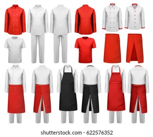 Big set of culinary clothing, white and red suits and aprons. Vector.