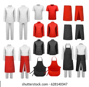 Big set of culinary clothing, white and red suits and aprons. Vector.