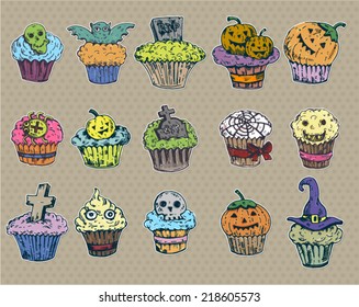 big set Cupcake halloween in vector. hand drawn