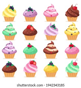 Big set of cupcakes. Sweet pastries decorated with cherry, raspberry, strawberry, blueberry. Vector illustration