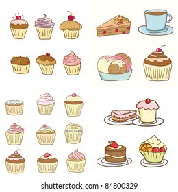 big set with cupcakes and tasty things in vector