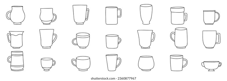 Un gran conjunto de tazas al estilo doodle. Esquema de la taza dibujada a mano. Colección de iconos de la taza. Ilustración vectorial.