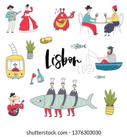 Big set of cure and fun hand drawn elements and sights of Lisbon. Vector illustration
